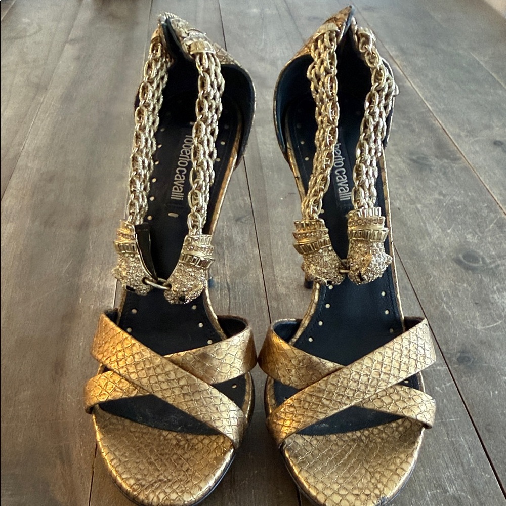 Roberto Cavalli Gold Chain Strap Heels
